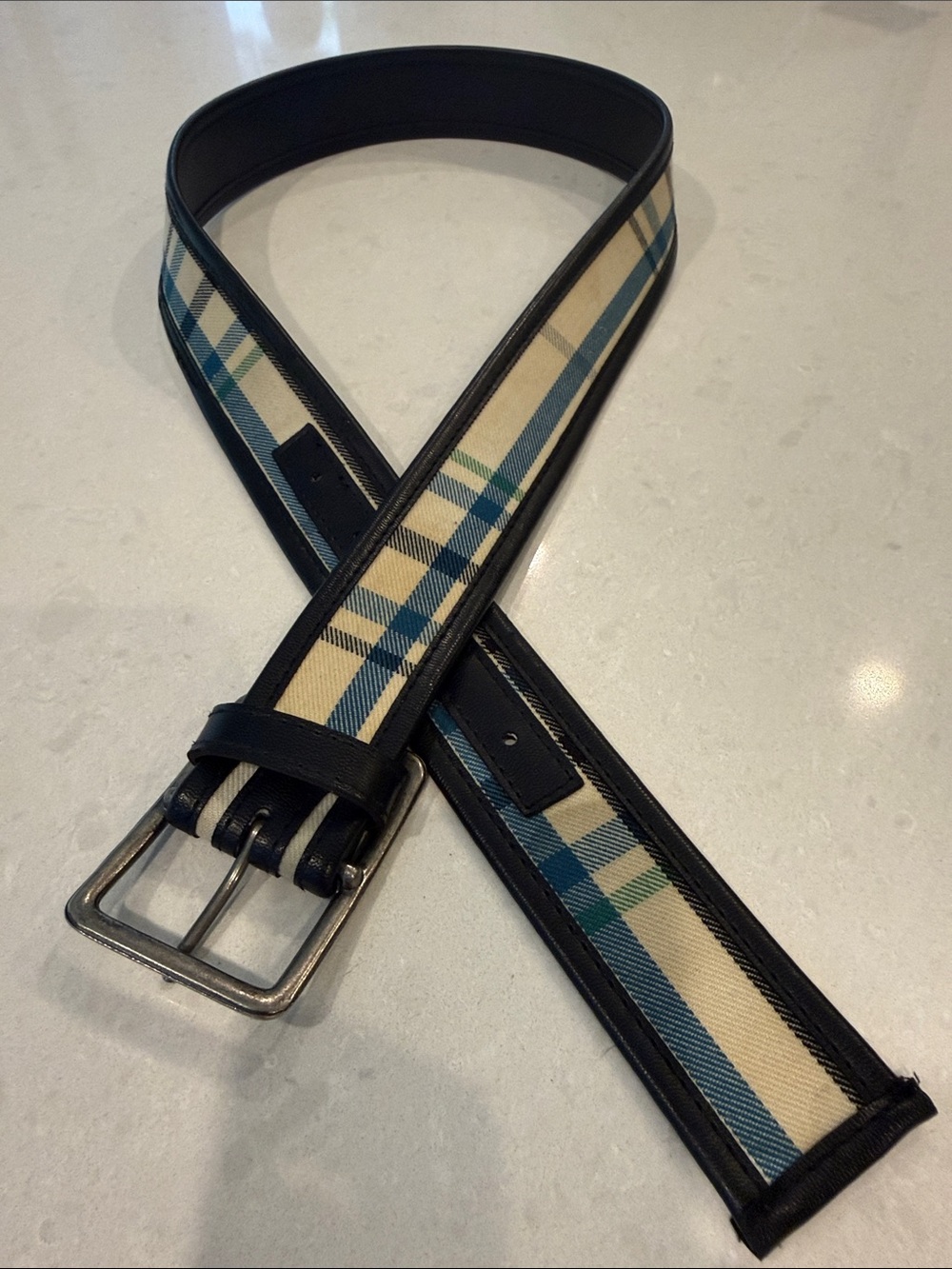 Ladies’ preppy canvas Plaid Belt in Navy, Green, and Cream